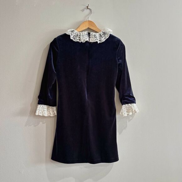Mademoiselle Charlotte Navy Velvet Dress Ivory Lace Collar Cuffs Girls Sz 10 - Picture 3 of 11